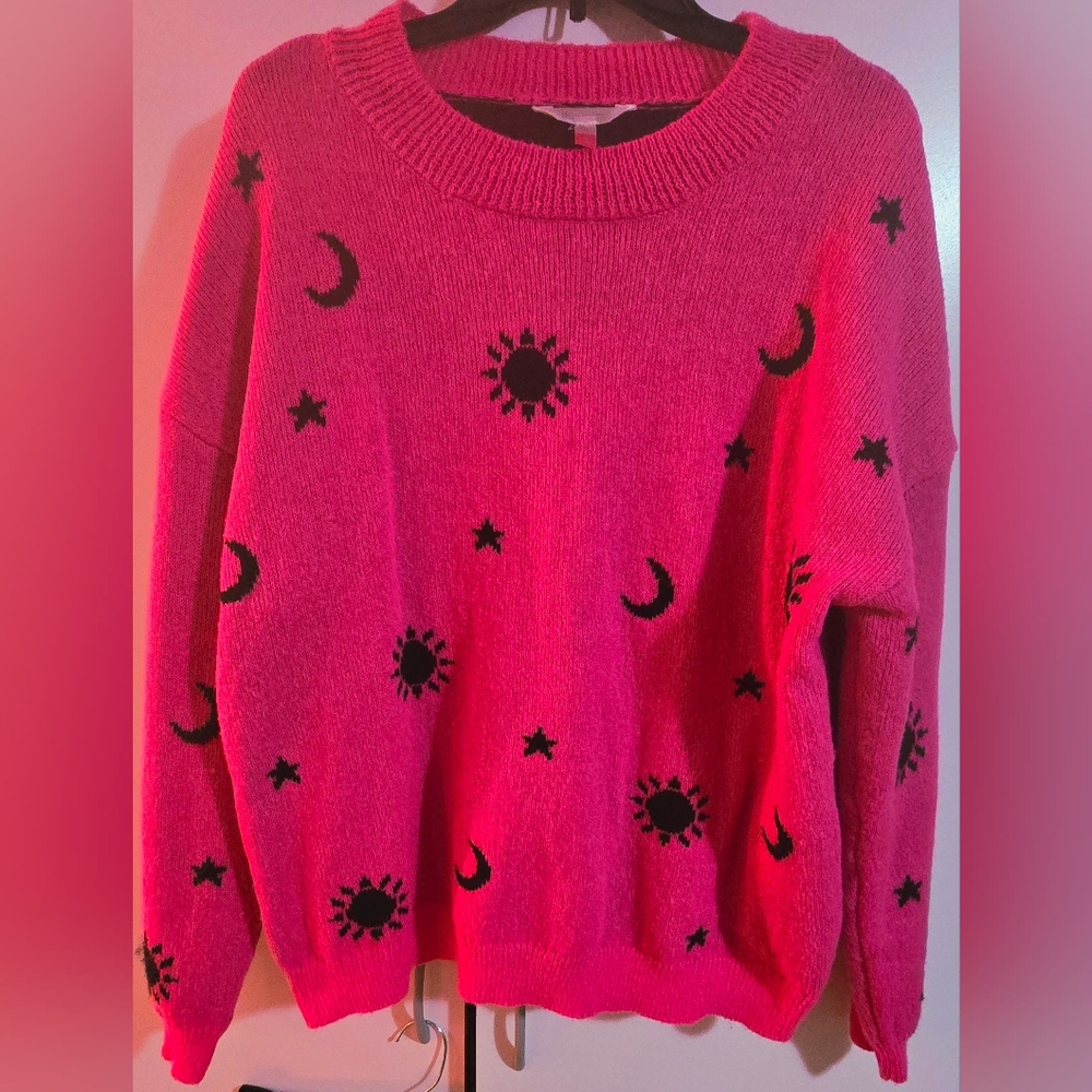 No Boundaries Vibrant Pink Sweater with Black Celestial Design